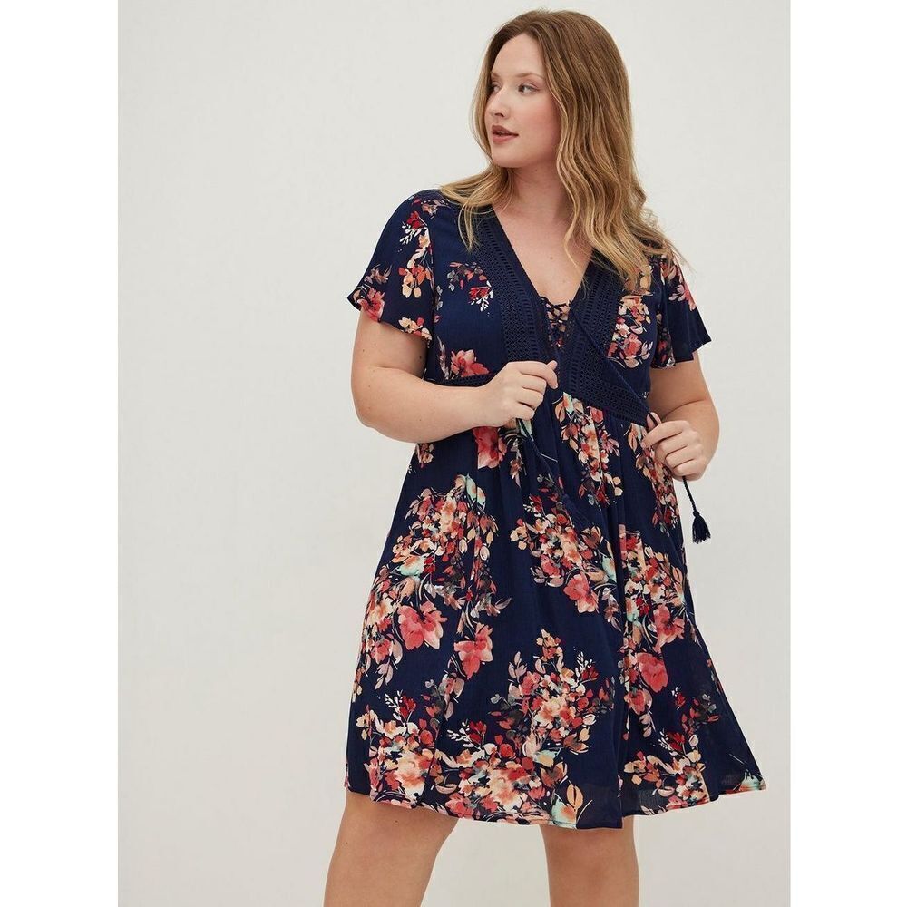 Torrid mini gauze blue floral lace up 2x skater dress